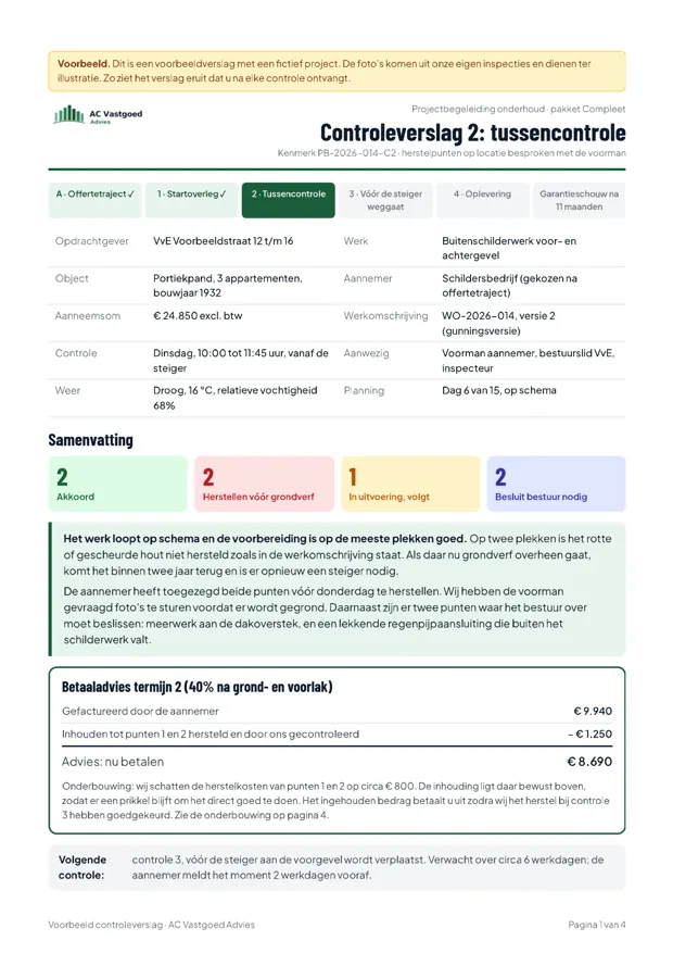 Eerste pagina van een voorbeeld controleverslag met samenvatting en betaaladvies