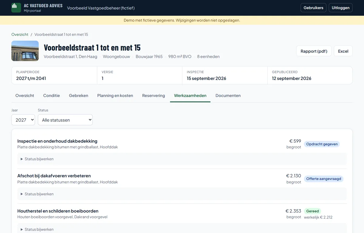 Werkzaamheden met status in het klantdashboard